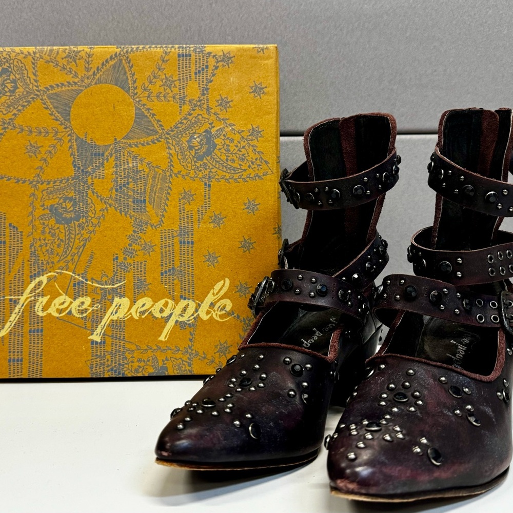 Free People distressed Wine Harvest Moon Booties with studded detail